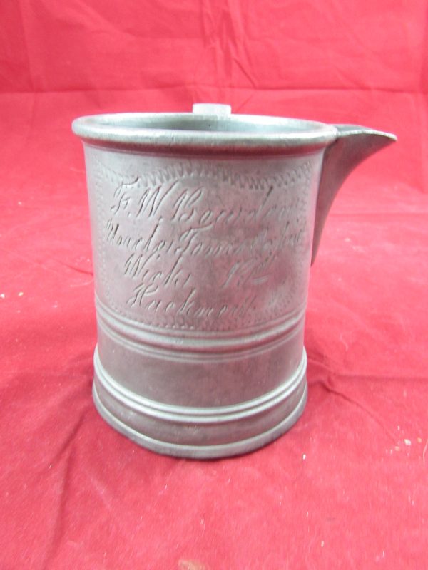 Antique Pewter Pint Tankard with Spout, Hackney Pub.